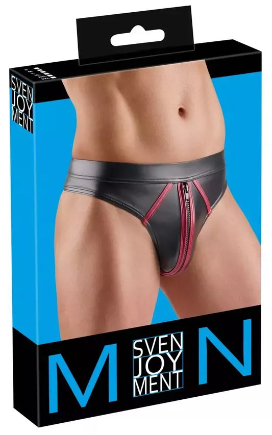 Svenjoyment 2XL dydžio vyriškos kelnaitės-tangai, juodos spalvos „wetlook“ su raudonomis detalėmis, tamprus modelis