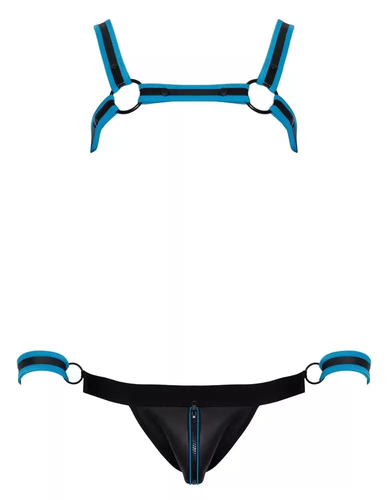 Svenjoyment BONDAGE neopreno išvaizdos krūtinės diržų ir jock tipo apatinių rinkinys L, juoda/mėlyna