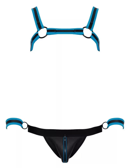 Svenjoyment BONDAGE neopreno išvaizdos krūtinės diržų ir jock tipo apatinių rinkinys L, juoda/mėlyna
