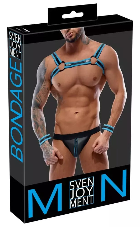 Svenjoyment BONDAGE neopreno išvaizdos krūtinės diržų ir jock tipo apatinių rinkinys L, juoda/mėlyna