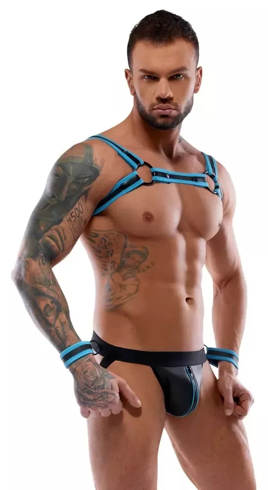 Svenjoyment BONDAGE neopreno išvaizdos krūtinės diržų ir jock tipo apatinių rinkinys L, juoda/mėlyna