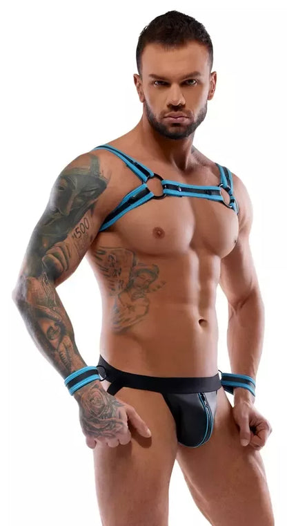 Svenjoyment BONDAGE neopreno išvaizdos krūtinės diržų ir jock tipo apatinių rinkinys L, juoda/mėlyna