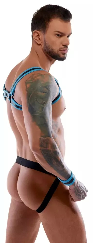 Svenjoyment BONDAGE neopreno išvaizdos krūtinės diržų ir jock tipo apatinių rinkinys L, juoda/mėlyna