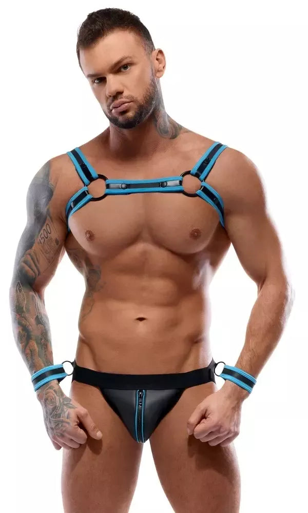Svenjoyment BONDAGE neopreno išvaizdos krūtinės diržų ir jock tipo apatinių rinkinys L, juoda/mėlyna