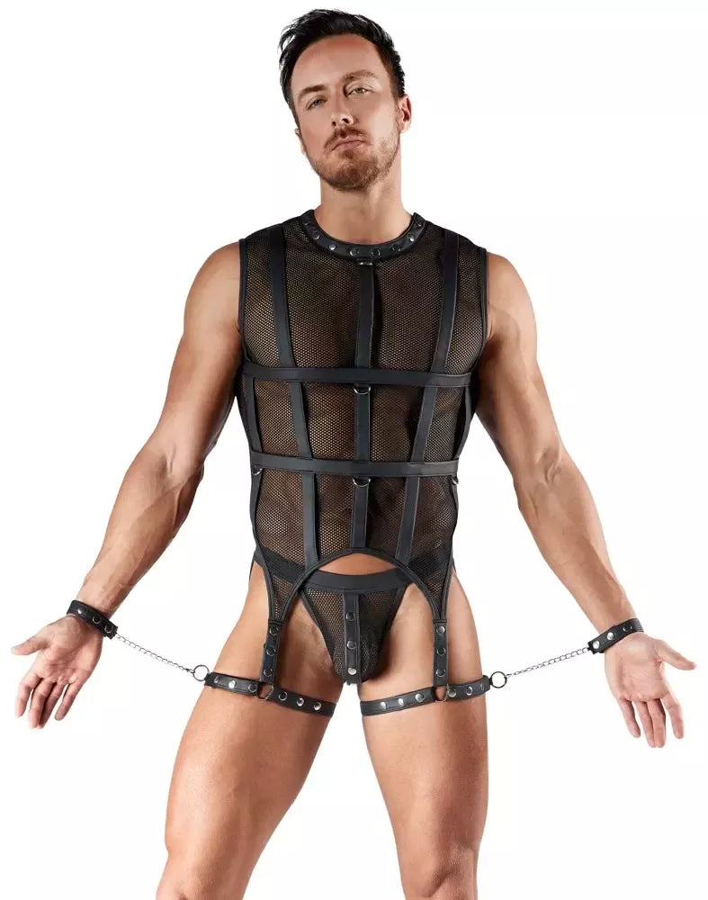 Svenjoyment Bondage Series XL tinklinio audinio komplektas su diržais ir rankogaliais, juodas