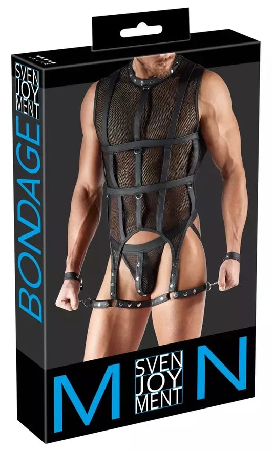 Svenjoyment Bondage Series XL tinklinio audinio komplektas su diržais ir rankogaliais, juodas