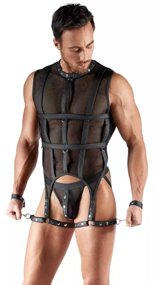 Svenjoyment Bondage Series XL tinklinio audinio komplektas su diržais ir rankogaliais, juodas