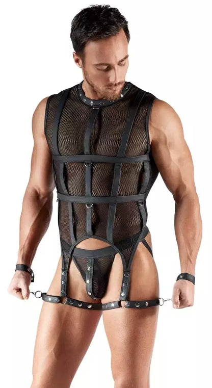 Svenjoyment Bondage Series XL tinklinio audinio komplektas su diržais ir rankogaliais, juodas