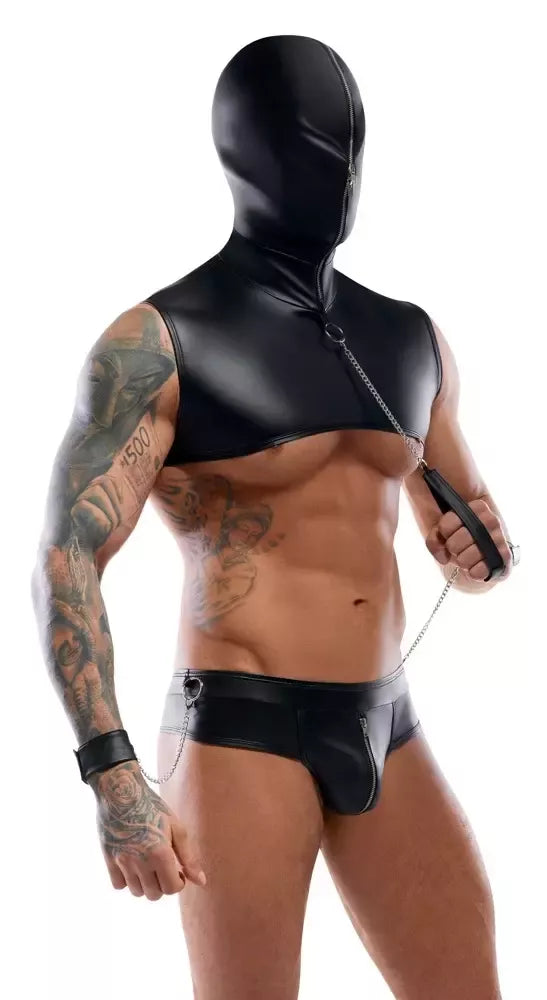 Svenjoyment Bondage Set 2XL – matinės juodos spalvos viršus su gobtuvu ir priedai