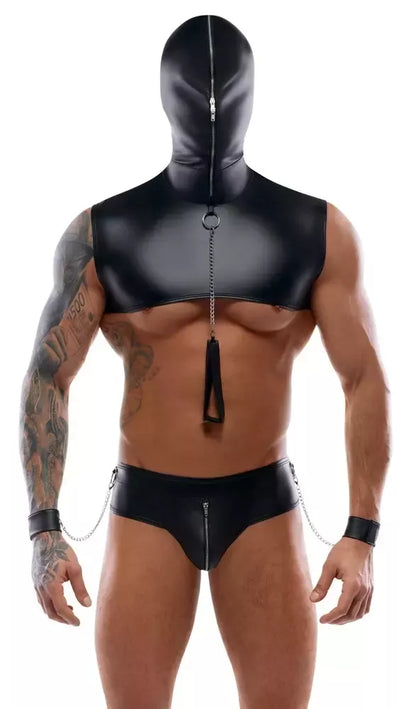 Svenjoyment Bondage Set 2XL – matinės juodos spalvos viršus su gobtuvu ir priedai