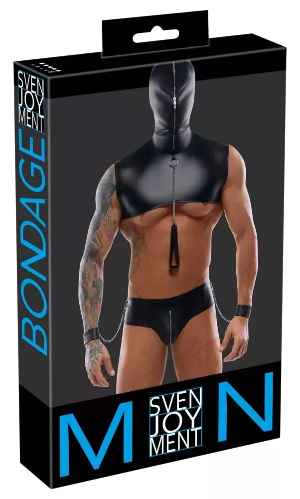 Svenjoyment Bondage Set 2XL – matinės juodos spalvos viršus su gobtuvu ir priedai