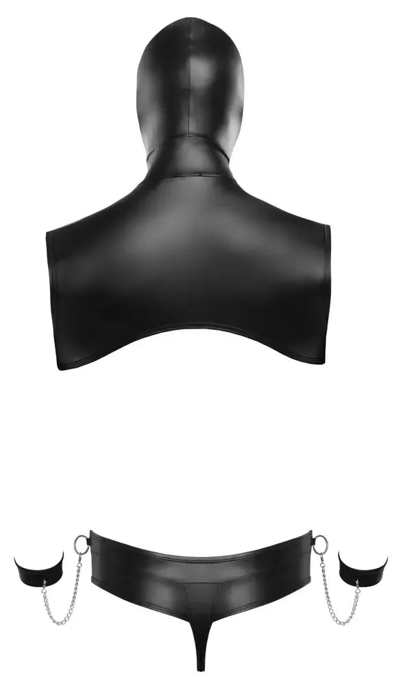 Svenjoyment Bondage Set 2XL – matinės juodos spalvos viršus su gobtuvu ir priedai