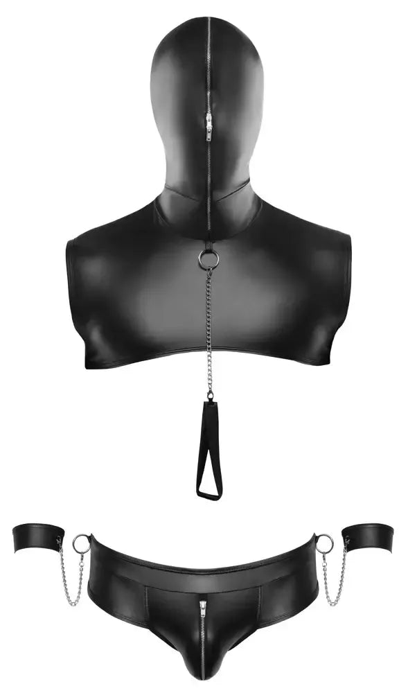 Svenjoyment Bondage Set 2XL – matinės juodos spalvos viršus su gobtuvu ir priedai