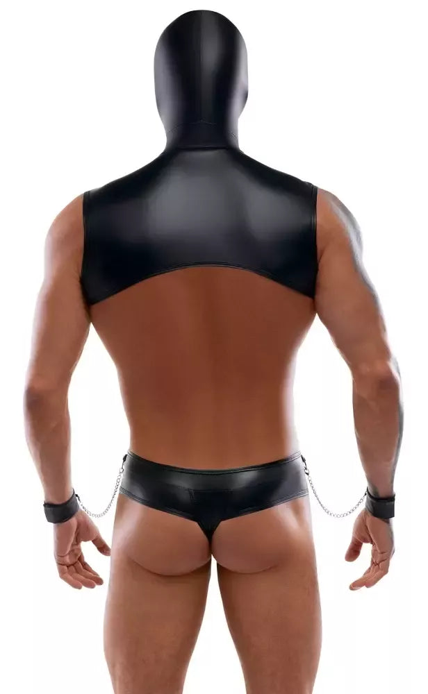 Svenjoyment Bondage Set 2XL – matinės juodos spalvos viršus su gobtuvu ir priedai
