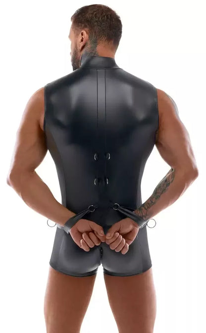 Svenjoyment Bondage vyriškas matinis kombinezonas su tinkleliu ir riešų dirželiais, M dydis
