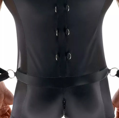 Svenjoyment Bondage vyriškas matinis kombinezonas su tinkleliu ir riešų dirželiais, M dydis