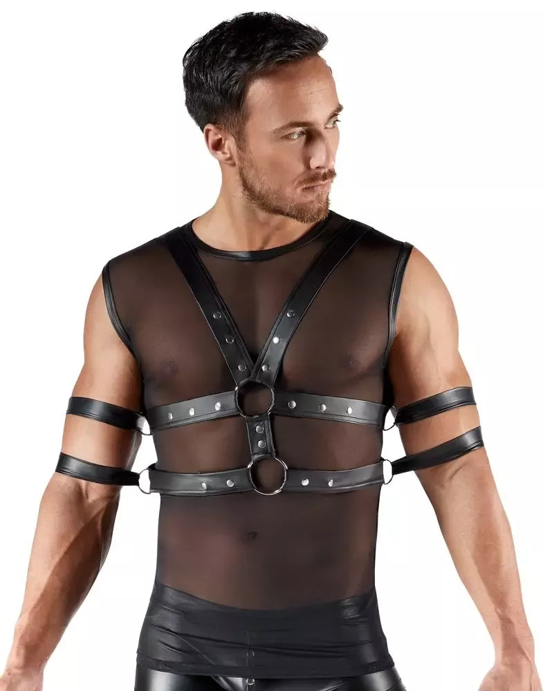 Svenjoyment Bondage vyriškų Powernet marškinių ir suvaržymo priemonių rinkinys, juodas, S