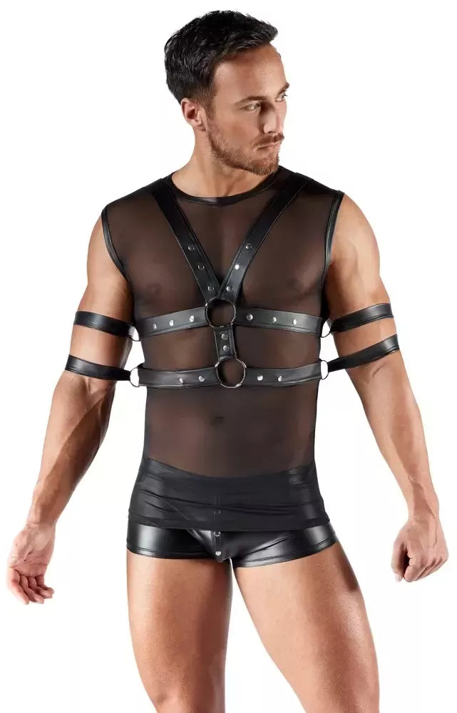 Svenjoyment Bondage vyriškų Powernet marškinių ir suvaržymo priemonių rinkinys, juodas, S