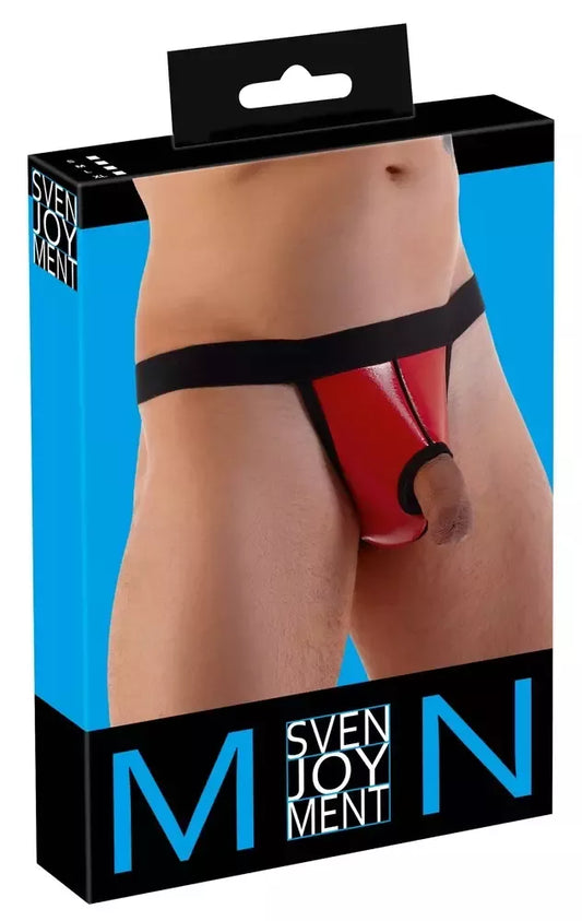 Svenjoyment dirželis S/M, blizgus, raudonas vinilas su patogiu juosmeniu