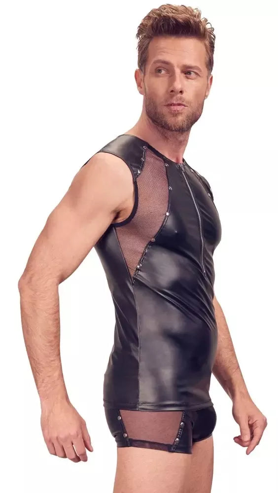 Svenjoyment Men's Shirt L juodi matiniai marškinėliai su tinkleliu, kniedėmis ir priekiniu užtrauktuku