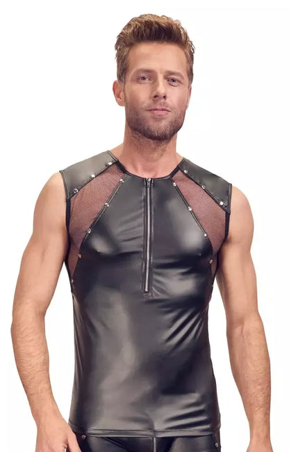 Svenjoyment Men's Shirt L juodi matiniai marškinėliai su tinkleliu, kniedėmis ir priekiniu užtrauktuku