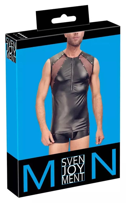 Svenjoyment Men's Shirt L juodi matiniai marškinėliai su tinkleliu, kniedėmis ir priekiniu užtrauktuku