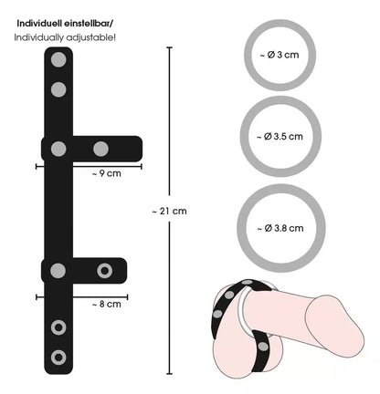 You2Toys reguliuojama juoda dirželių sistema su 3 metaliniais žiedais 21cm